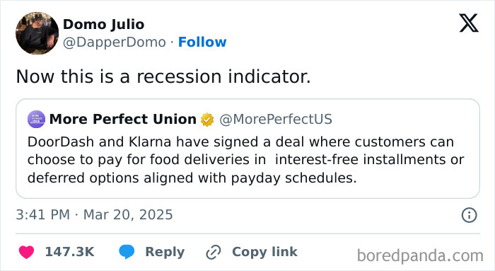 Tweet highlighting a recession indicator involving a deal between DoorDash and Klarna for installment payments on food deliveries.
