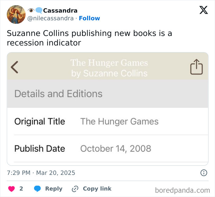 Tweet joking about recession indicators with an image of "The Hunger Games" book details.