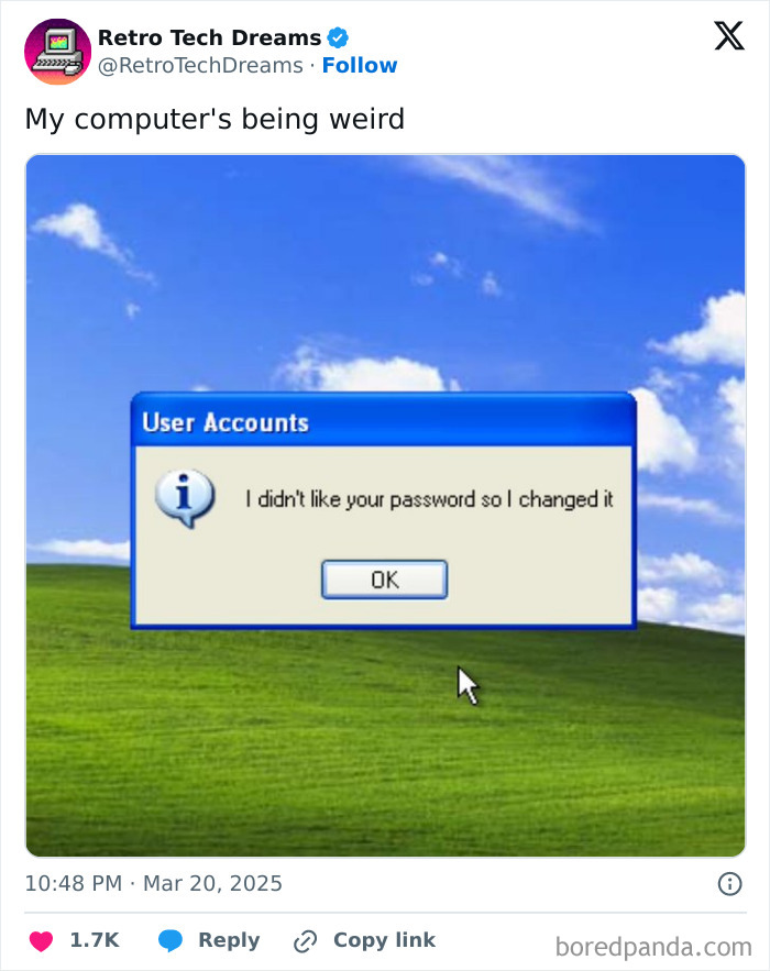 Retro tech pop-up message on classic Windows XP screen with humorous password change alert.