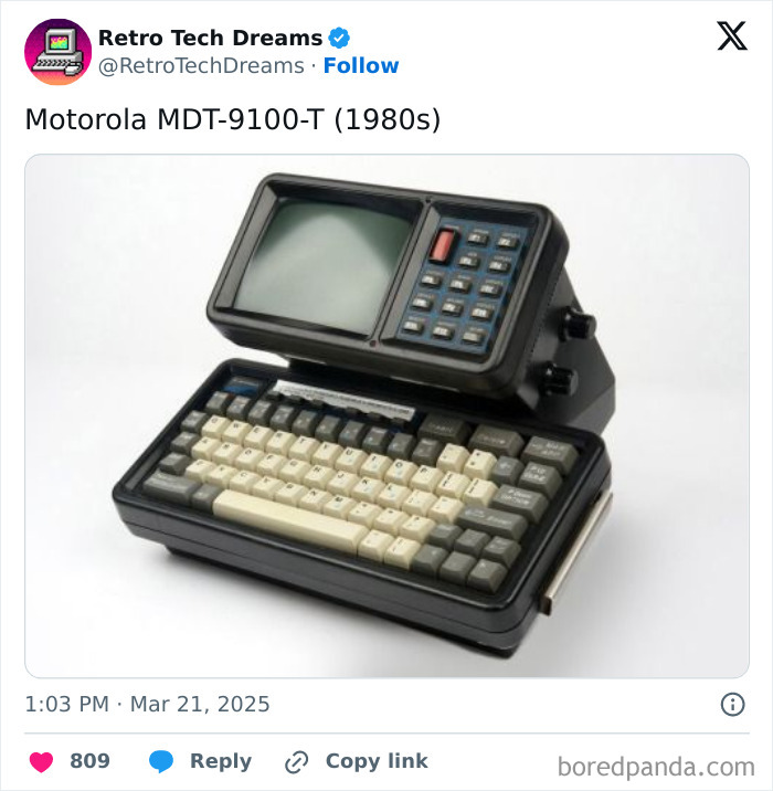 Retro technology: Motorola MDT-9100-T from the 1980s, featuring a keyboard and small screen.