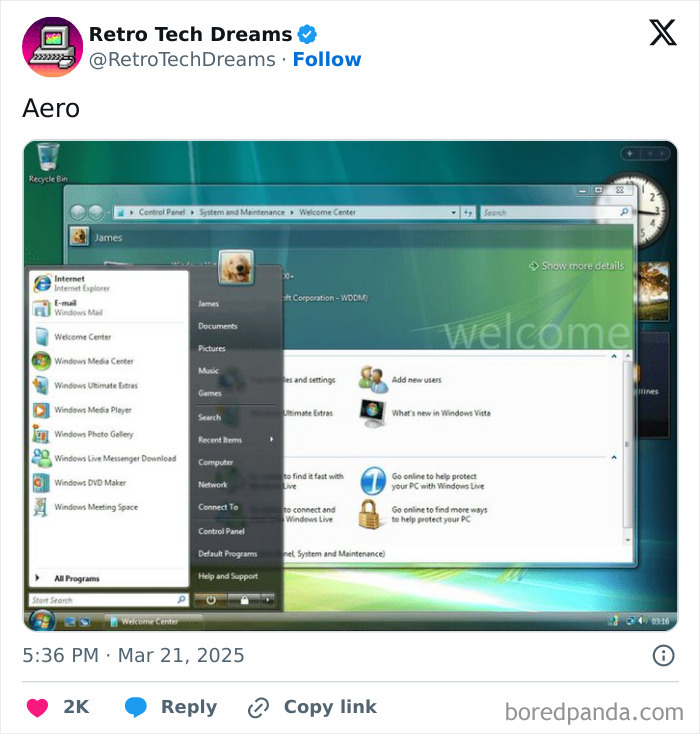 Screenshot of Windows Vista Start Menu showcasing retro technology features and classic Aero design.