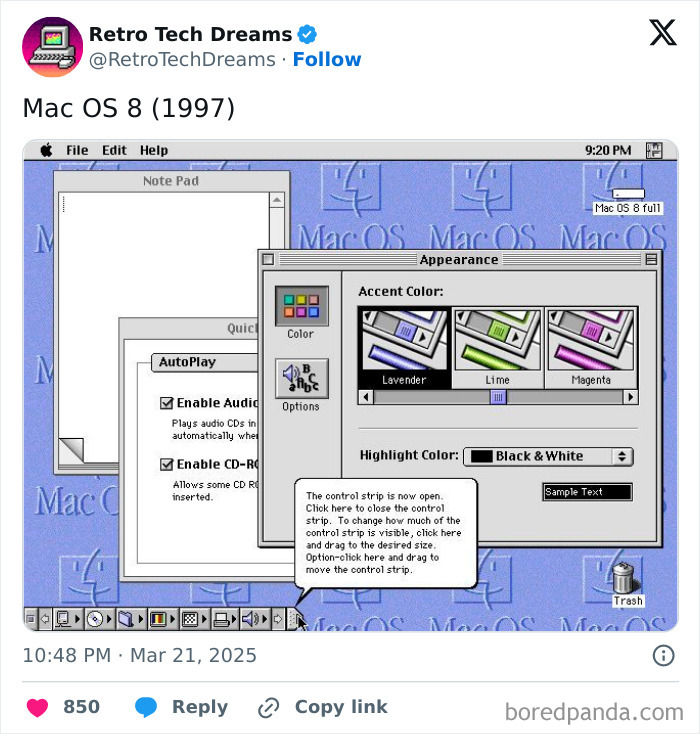 Retro technology screenshot of Mac OS 8 interface from 1997, featuring appearance settings and autoplay options.