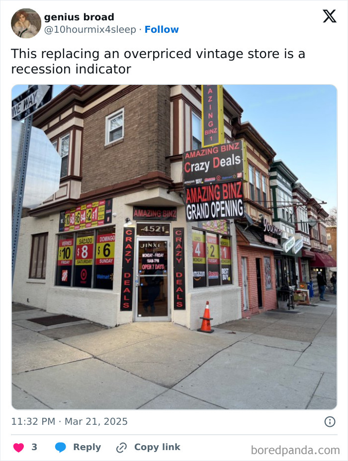 Street scene of a new discount store replacing a vintage shop, highlighted as a recession indicator.