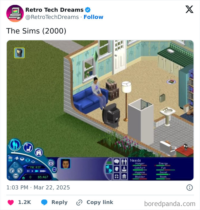 A nostalgic scene from The Sims (2000), showcasing retro tech gaming in a virtual home setup.