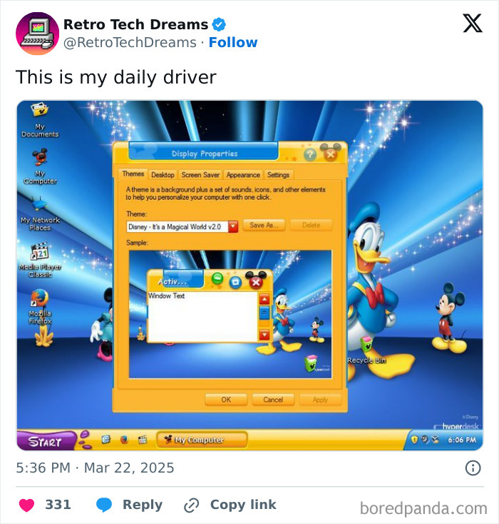 Retro tech desktop with Disney theme featuring Donald Duck and Mickey Mouse icons on a nostalgic Windows interface.