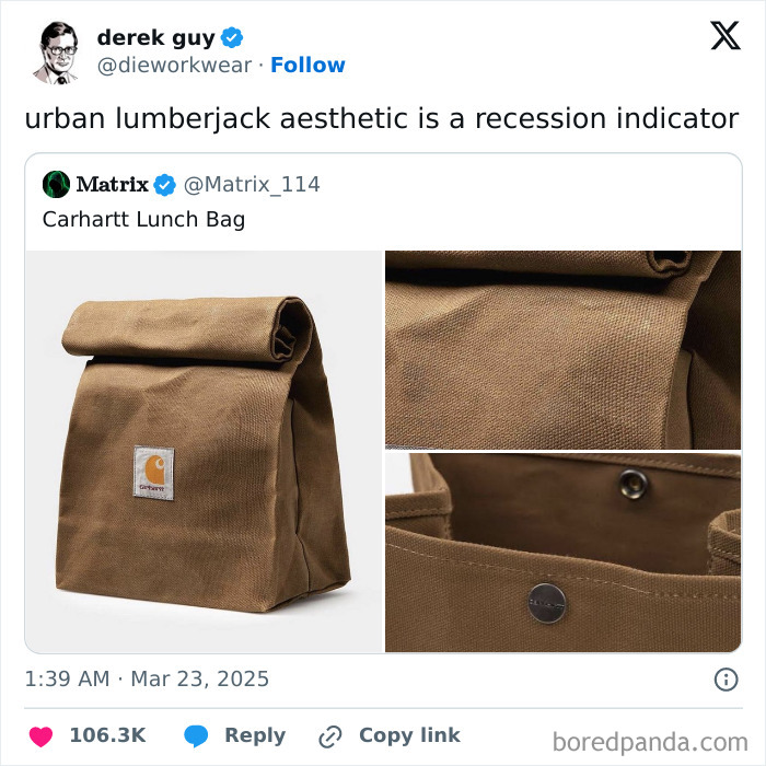 Carhartt lunch bag as a humorous recession indicator with urban lumberjack style reference.