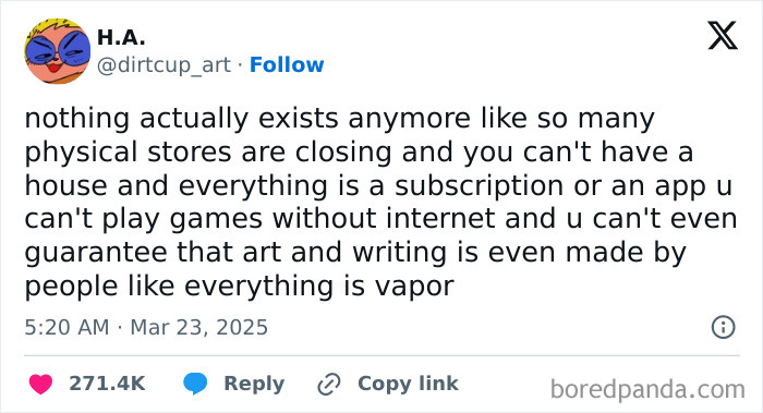 Post expressing dissatisfaction with capitalism, highlighting issues with digital subscriptions and the loss of physical stores.