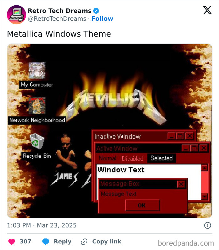 Retro tech Metallica Windows theme with flaming logo and red window interface.
