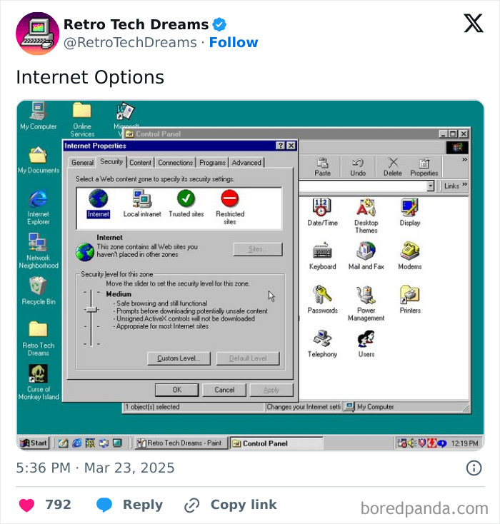 Retro tech interface showing Windows 95 Internet Options with classic control panel icons.