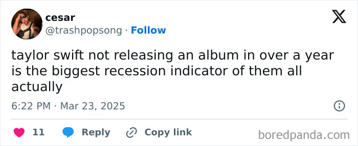 Tweet humorously suggests album release delay as a recession indicator.