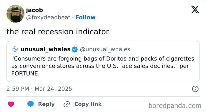 Tweet highlights a recession indicator: declining sales of Doritos and cigarettes in U.S. convenience stores.