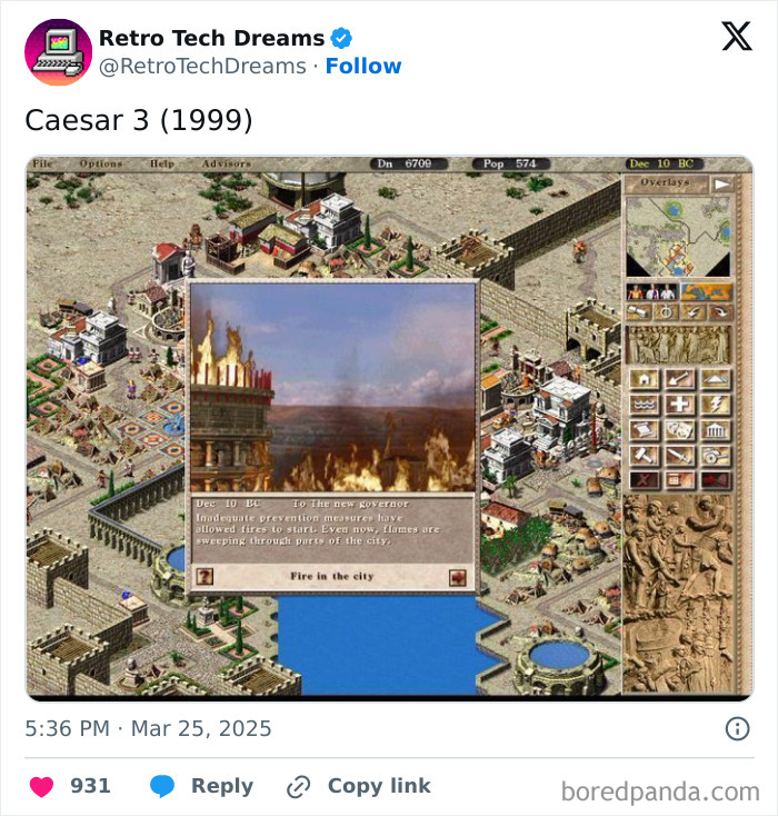 Screenshot from Caesar 3 (1999) showing a burning city in retro technology style.