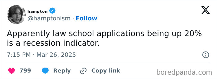Tweet by hampton: Law school applications rise seen as recession indicator, dated March 26, 2025.