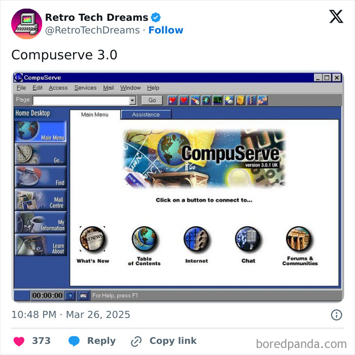 CompuServe 3.0 interface showcasing retro technology design with main menu options and colorful icons.