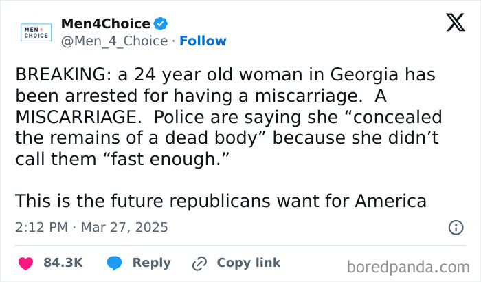 Tweet criticizing capitalism, detailing a woman in Georgia arrested for miscarriage and its political implications.