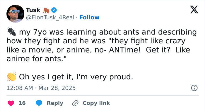 Funny tweet by parent about child's clever ant joke, referencing anime and wordplay, with proud response and clapping emoji.