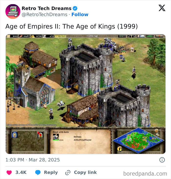 Screenshot of "Age of Empires II: The Age of Kings" gameplay featuring castles and units, shared by Retro Tech Dreams.