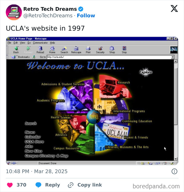 Retro tech screenshot of UCLA's 1997 website homepage displayed in a Netscape browser.