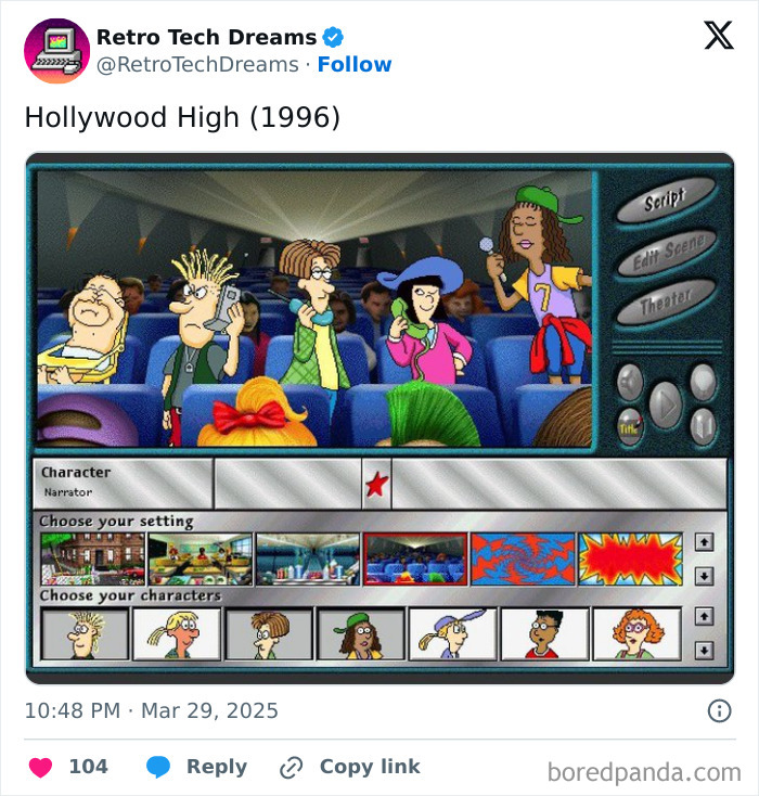 Cartoon characters in a retro tech game interface titled "Hollywood High" from 1996, showing various cinema scenes.