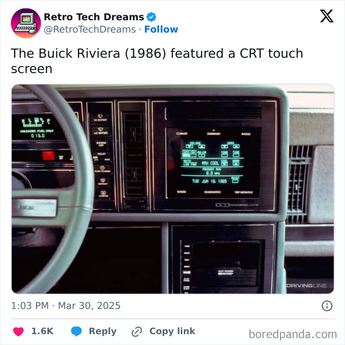 Buick Riviera 1986 CRT touch screen displaying system controls, steering wheel visible. Nostalgic retro tech feature.