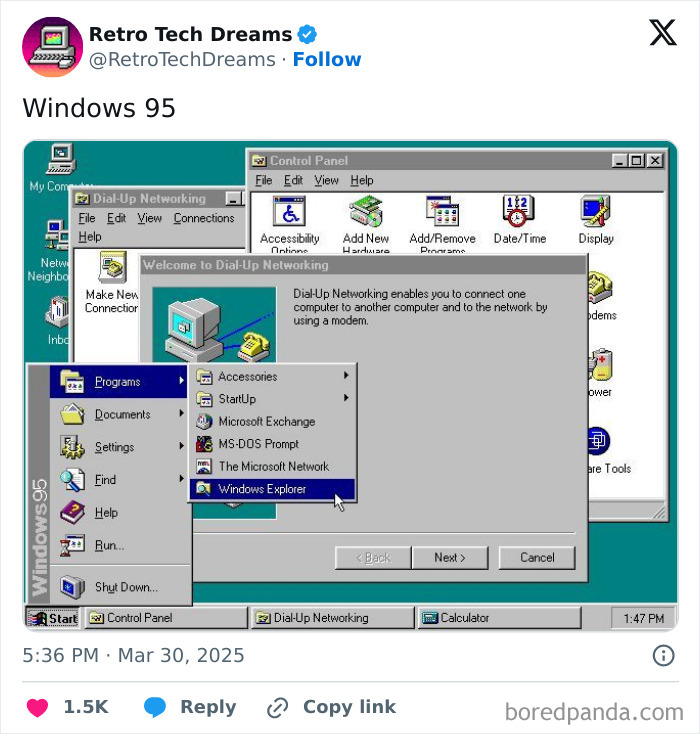 Screenshot of Windows 95 dial-up networking window, showcasing retro tech features and nostalgic interface elements.