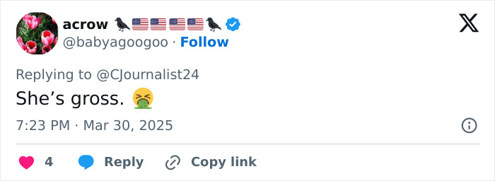 Tweet criticizing a celebrity for unscripted moment with costar, calling her gross.
