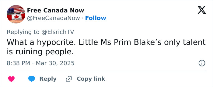 Tweet criticizing Blake Lively for being a hypocrite, posted by Free Canada Now on March 30, 2025.