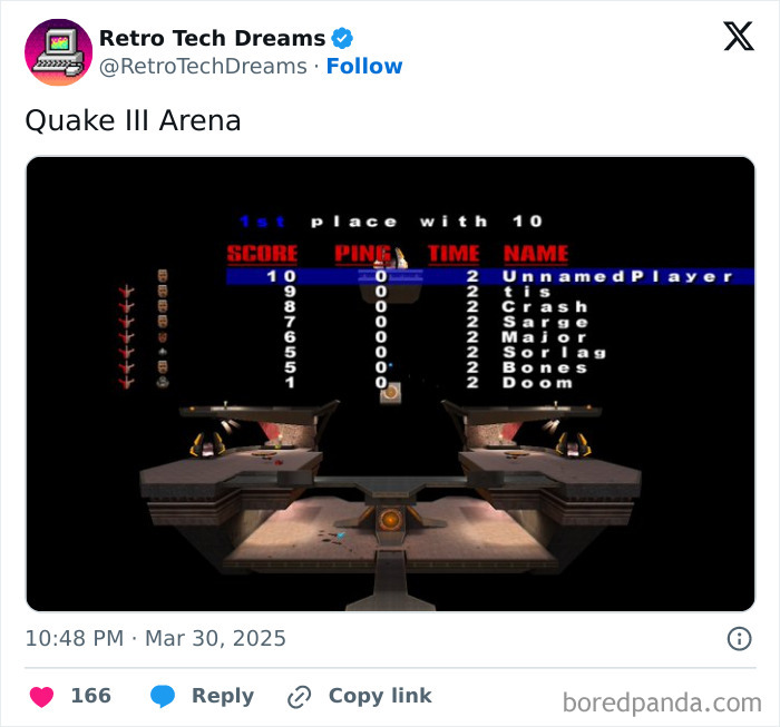 Retro tech gaming scoreboard in Quake III Arena shows player rankings, evoking nostalgia for classic technology.
