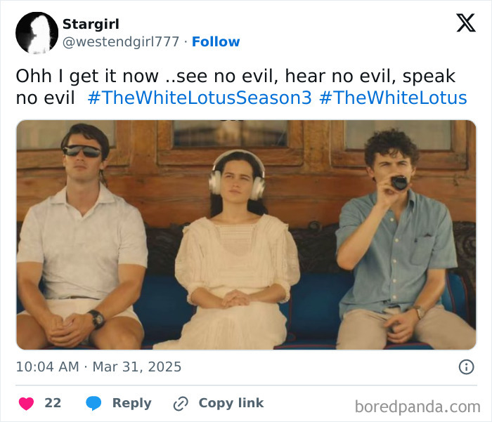 Three people mimicking "see, hear, speak no evil" pose, referencing The White Lotus Season 3.