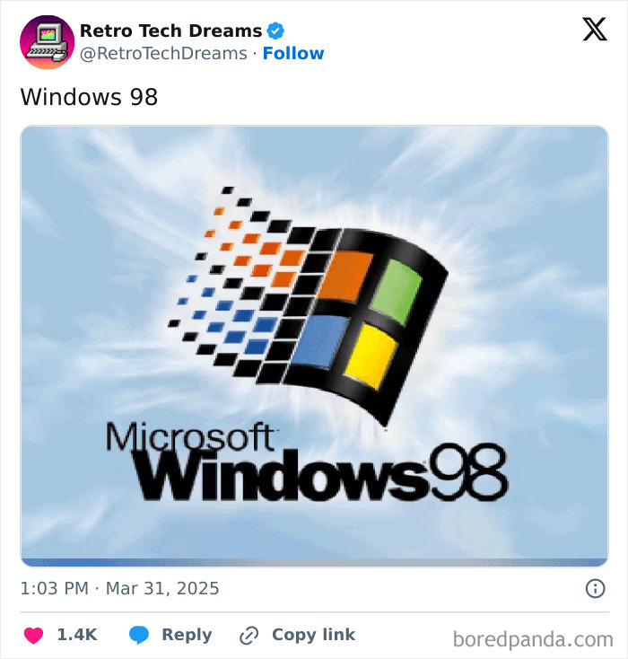 Windows 98 logo on a vintage design background shared by Retro Tech Dreams.