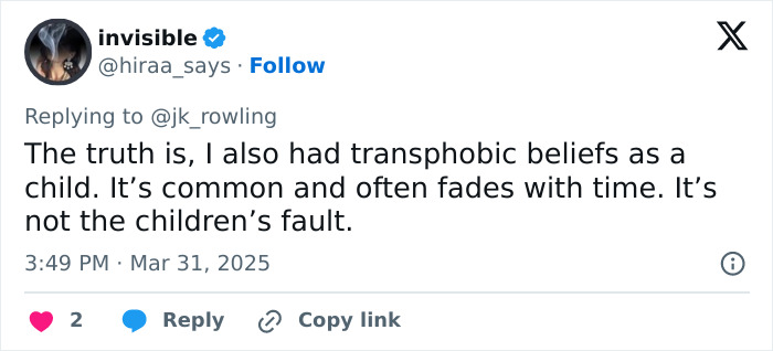 Tweet reply to JK Rowling about transphobia in childhood, discussing common beliefs and their evolution over time.