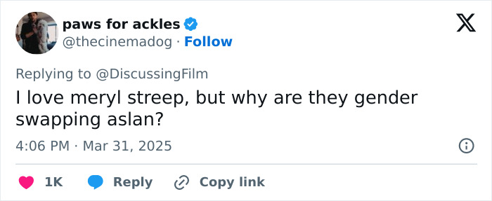 Tweet expressing outrage over gender swap rumors in 'Narnia' reboot.