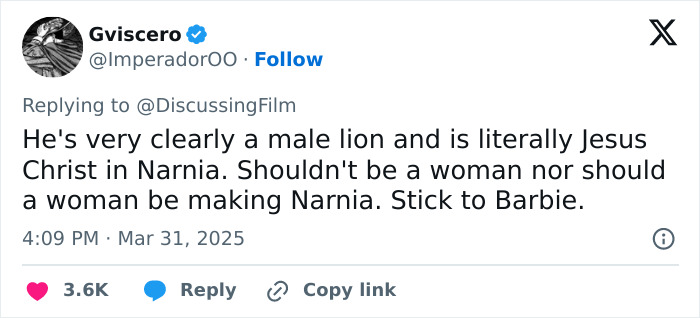 Tweet expressing outrage over gender swap rumors in 'Narnia' reboot, mentioning a male lion and Barbie.