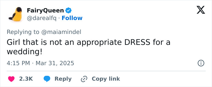 Tweet reacting to Sydney Sweeney's dress choice at a wedding, questioning its appropriateness.