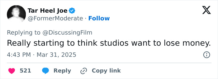 Tweet reacting to gender swap rumors in the Narnia reboot, expressing skepticism about studio decisions.