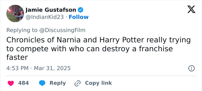 Tweet criticizing potential Narnia reboot, comparing it with Harry Potter, stirring outrage.