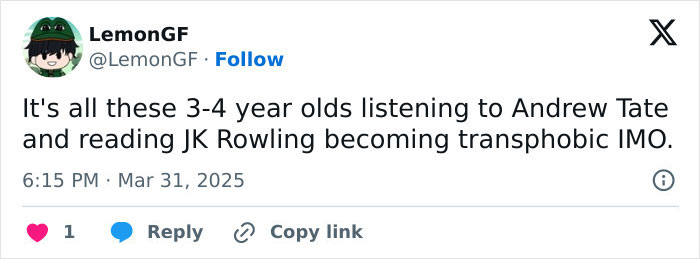 Tweet referencing JK Rowling, discussing toddlers and transphobia.