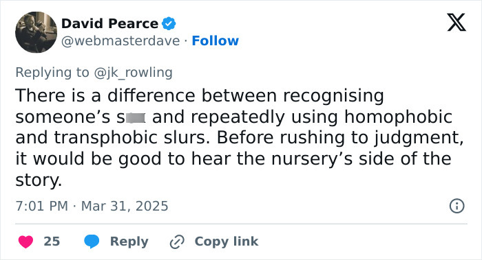 Tweet criticizing JK Rowling's comments on toddler's school suspension regarding alleged transphobia.