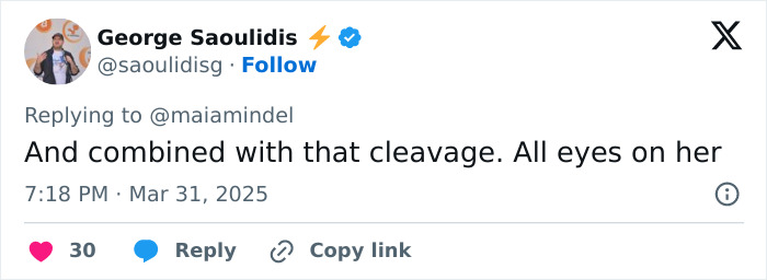 Tweet by George Saoulidis commenting on Sydney Sweeney's dress and its effect at Glen Powell's sister's wedding.