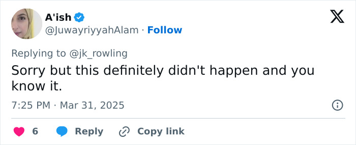 Tweet replying to JK Rowling on toddler school suspension over transphobia claim, expressing disagreement.