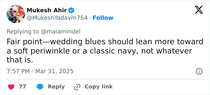 Tweet critiquing Sydney Sweeney's wedding dress color choice, suggesting periwinkle or navy instead.