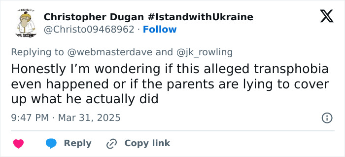 Christopher Dugan questions alleged transphobia incident related to JK Rowling's comments on toddler's school suspension.