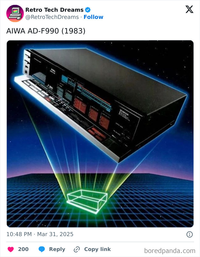 Retro tech: 1983 AIWA AD-F990 in a futuristic digital display with neon grid and glowing elements, evoking nostalgia.