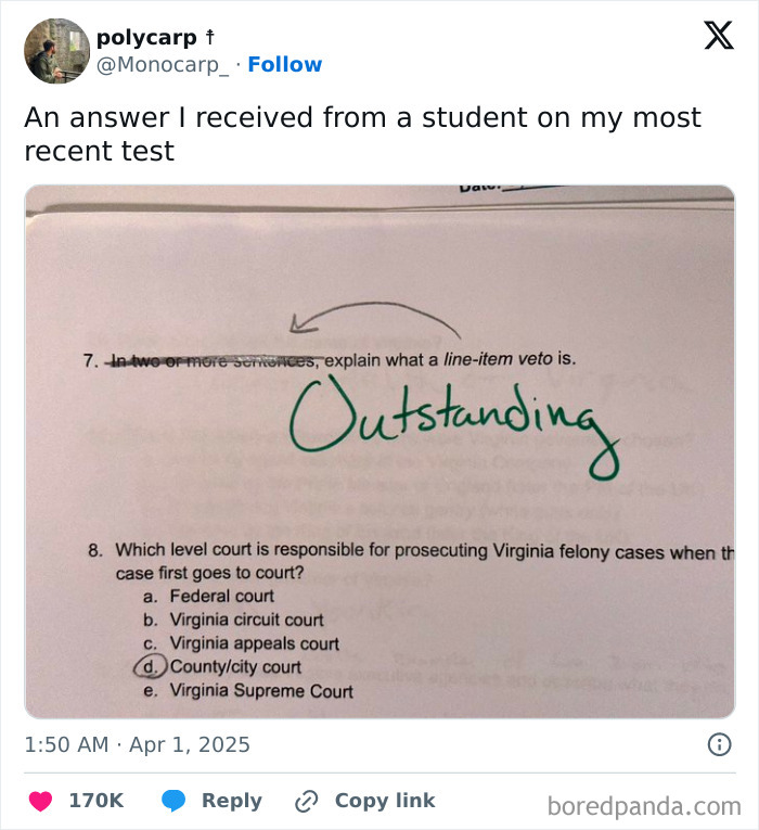 Funniest tweets of the month: A humorous student answer marked as "Outstanding" on a test question.
