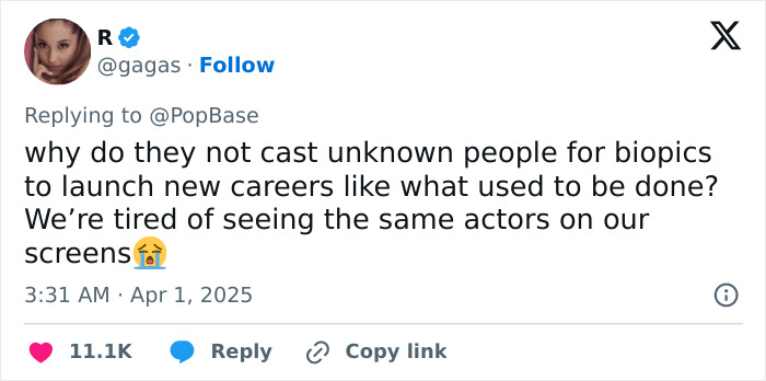 Tweet questioning casting choices in Beatles biopic, highlighting desire for new actors in films.