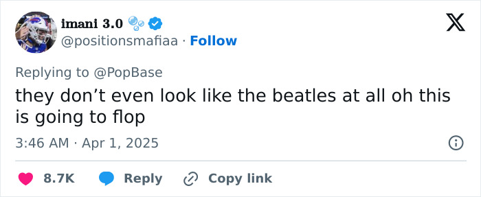 Tweet reacting to Beatles biopic casting, expressing concern over actor resemblance.