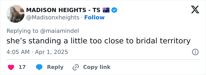 Tweet criticizing Sydney Sweeney's dress at Glen Powell's sister's wedding, hinting it's too bridal.