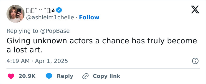 Tweet discussing casting choices and giving unknown actors a chance in the Beatles biopic.