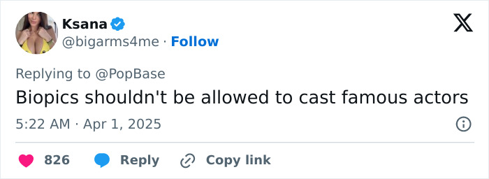 Tweet expressing concern over casting choices in Beatles biopic, suggesting famous actors shouldn't be in biopics.