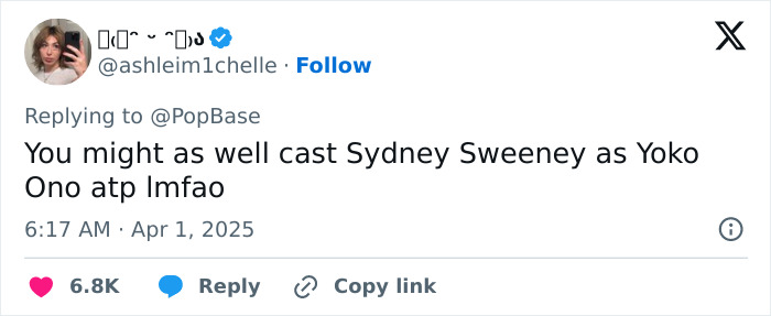 Tweet comment about Beatles biopic casting, expressing mixed reactions.